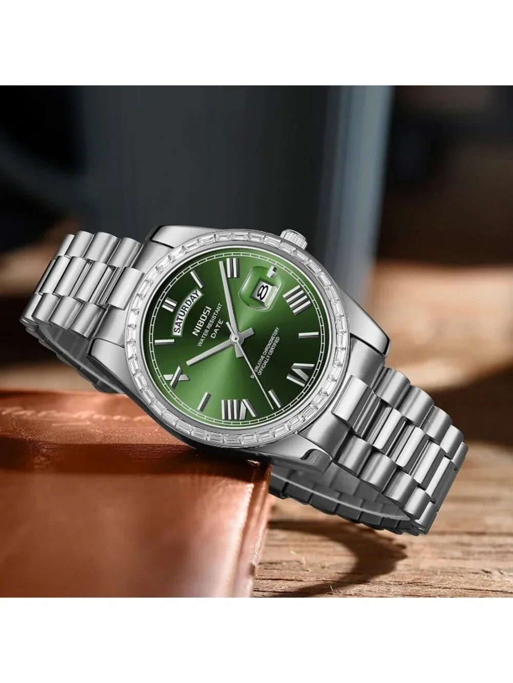 Nibosi Men's Silver Green Analog Quartz Diamond Bezel Stainless Waterproof Watch